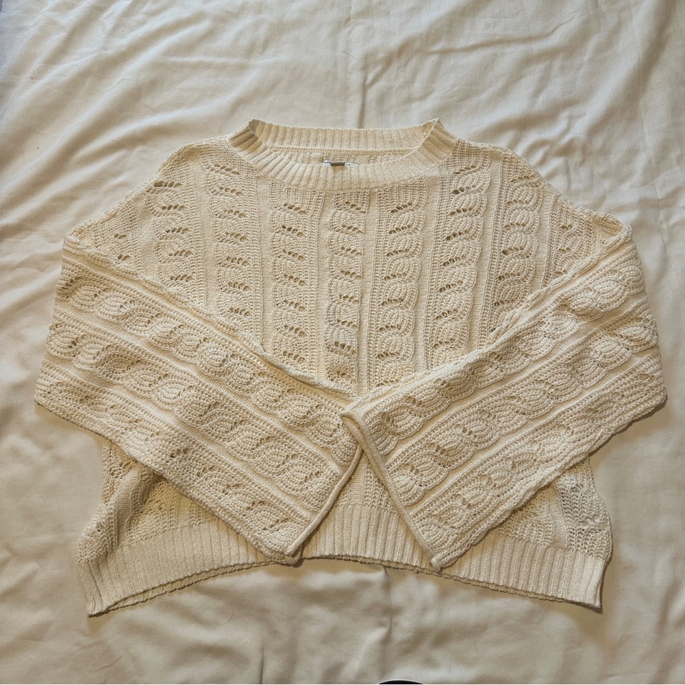 American Eagle Outfitters Cream Cable-Knit Crew Sweater